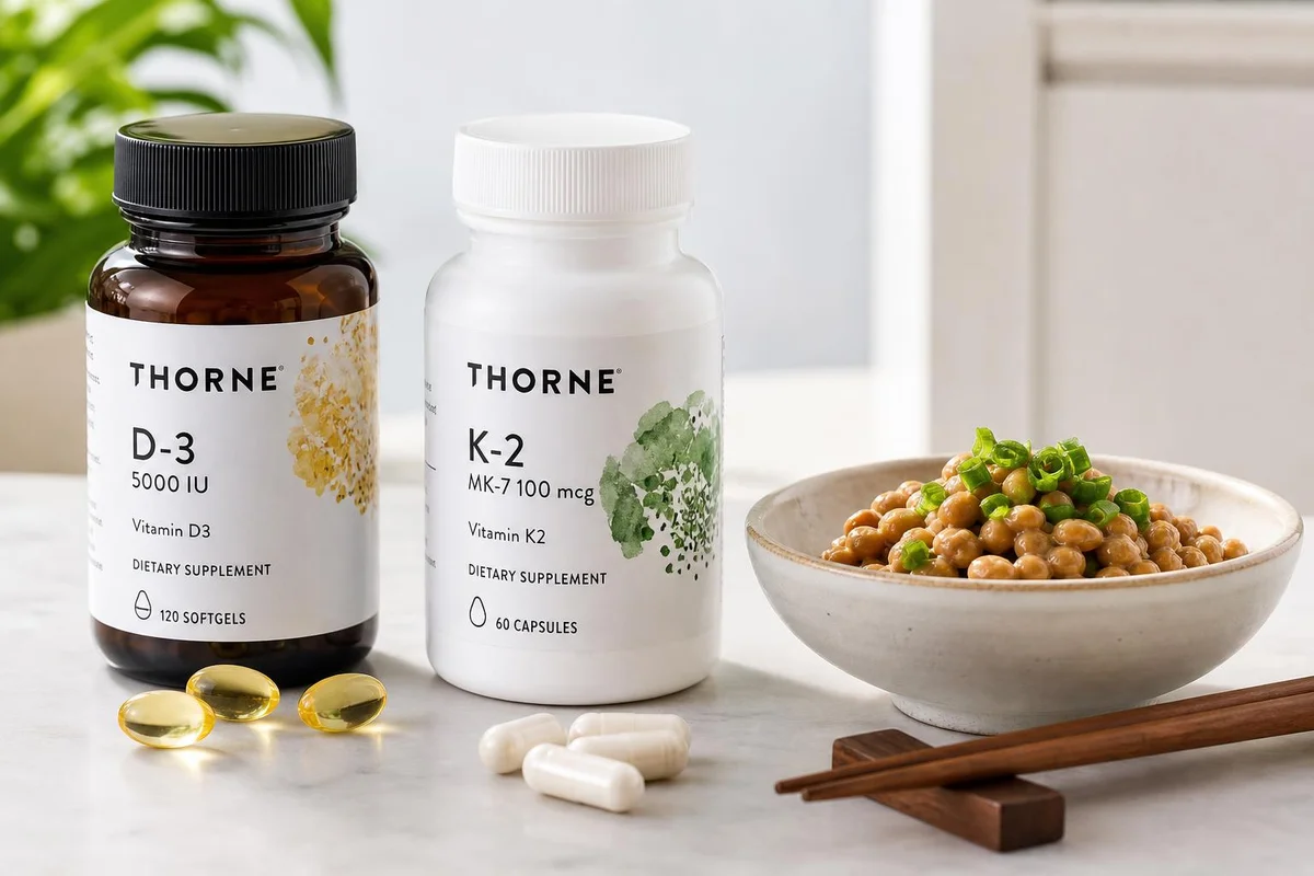 Vitamin D3 and K2 supplements beside a neutral evidence-review workspace